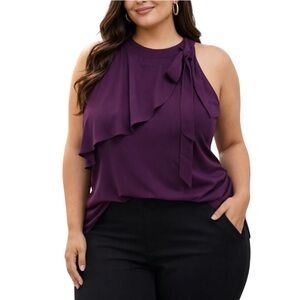 Nine West Purple Cold Shoulder Blouse XL Bow Detail Elegant Top